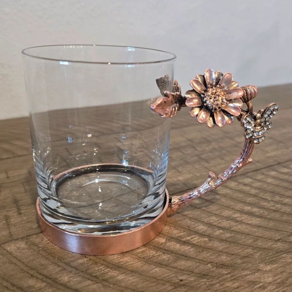 Qualia Glass Mug Rose Gold Sunflower Rhinestone Bee Branch Handle 14 oz
